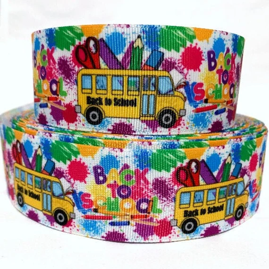 Grosgrain Ribbon 5/8", 7/8", 1.5" & 3" Back To School Bus Books Crayons Pencils Printed | Add To Cart, Save On Combine Shipping