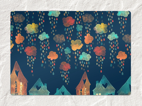 Houses & Clouds Chair Mat, Navy Vinyl Floor Red Protective Painted Splat Pad, Office Room Rug, Gift Idea, Splash Mat