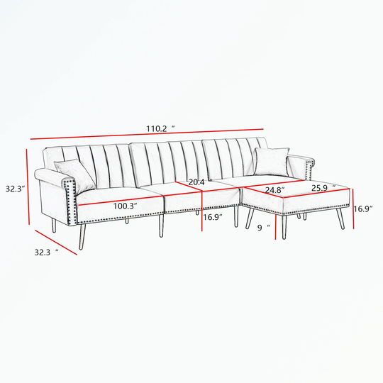 Velvet convertible sectional sofa with nailheads trim