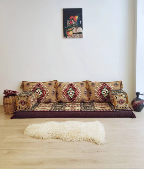 Mustard Brown Floor Couch, Moroccan Style Low Level Sofa, Tones Oriental Cushions, Expandable Modular Soft Furniture Set
