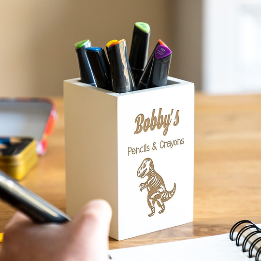 Childrens Pencil Holder - Dinosaur Pen Pot Personalised Wooden Gifts For Kids Back To School Lc441