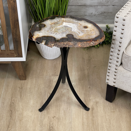 Natural Brazilian Agate Side Table, Single Slice On A Black Metal Base, 22.25" Tall #1305-0127 By Brazil Gems