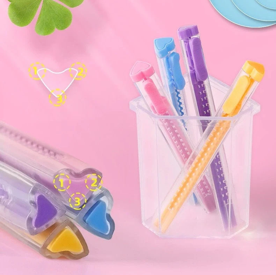 Heart Shape Slide Pencil Eraser + Extra Refill, Push & Pull Retractable || Student Eraser, Comfortable Use, School & Office Supply