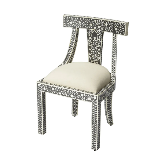 Traditional Distressed Black Bone Inlay Wooden Accent Chair