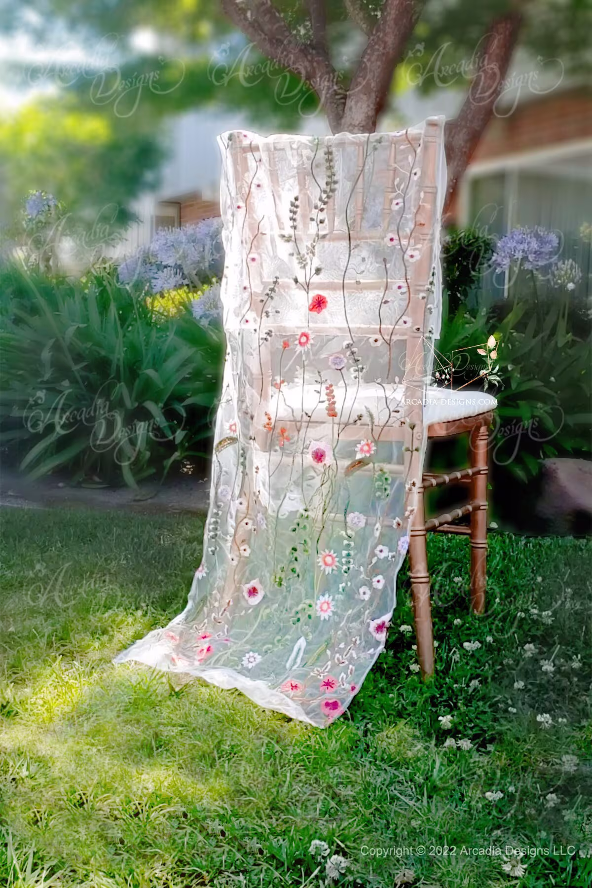 Floral Embroidered Tulle Chair Cover | Rustic Style Slipcover For Garden Theme Event Decoration. Size Chiavari Or Folding Chairs