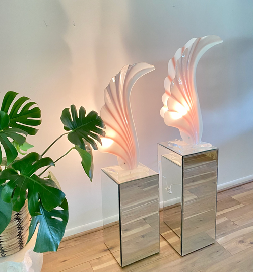 1970's Rougier Pink Acrylic Table Lamp, Statement Lighting, Wing Shaped Lamp