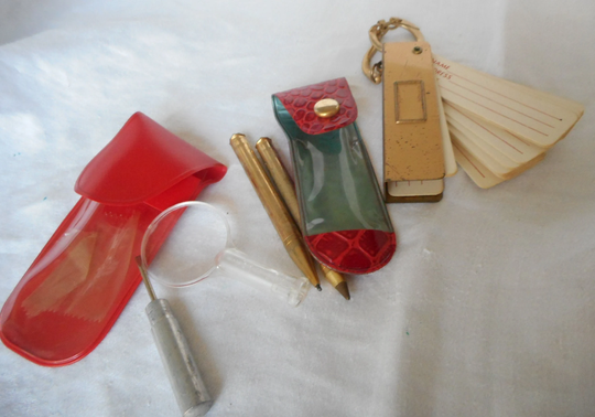 Vintage Lot Mini Travel Red Jewel Top Mechanical Pencil & Pen Metal Keychain Address Book Magnifier Screwdriver