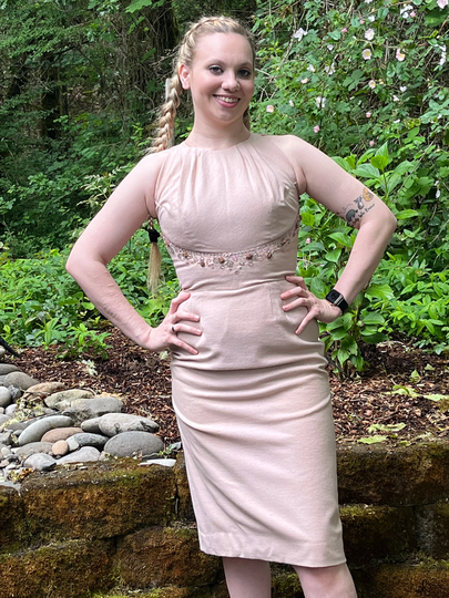 50S Eloise Curtis Rose Wool Bespoke Beaded Wiggle Dress - Stunning Luxe Mid Century Pencil