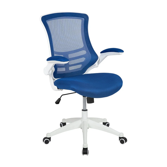 Offex Mid-Back Mesh Swivel Ergonomic Task Office Chair with White Frame and Flip-Up Arms - Blue - 25.5"D x 24.5"W