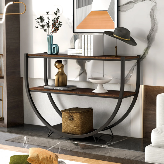 Rustic Industrial Design Demilune Shape Textured Metal Wood Console Table - 48"L x 15"W x 33.85"H