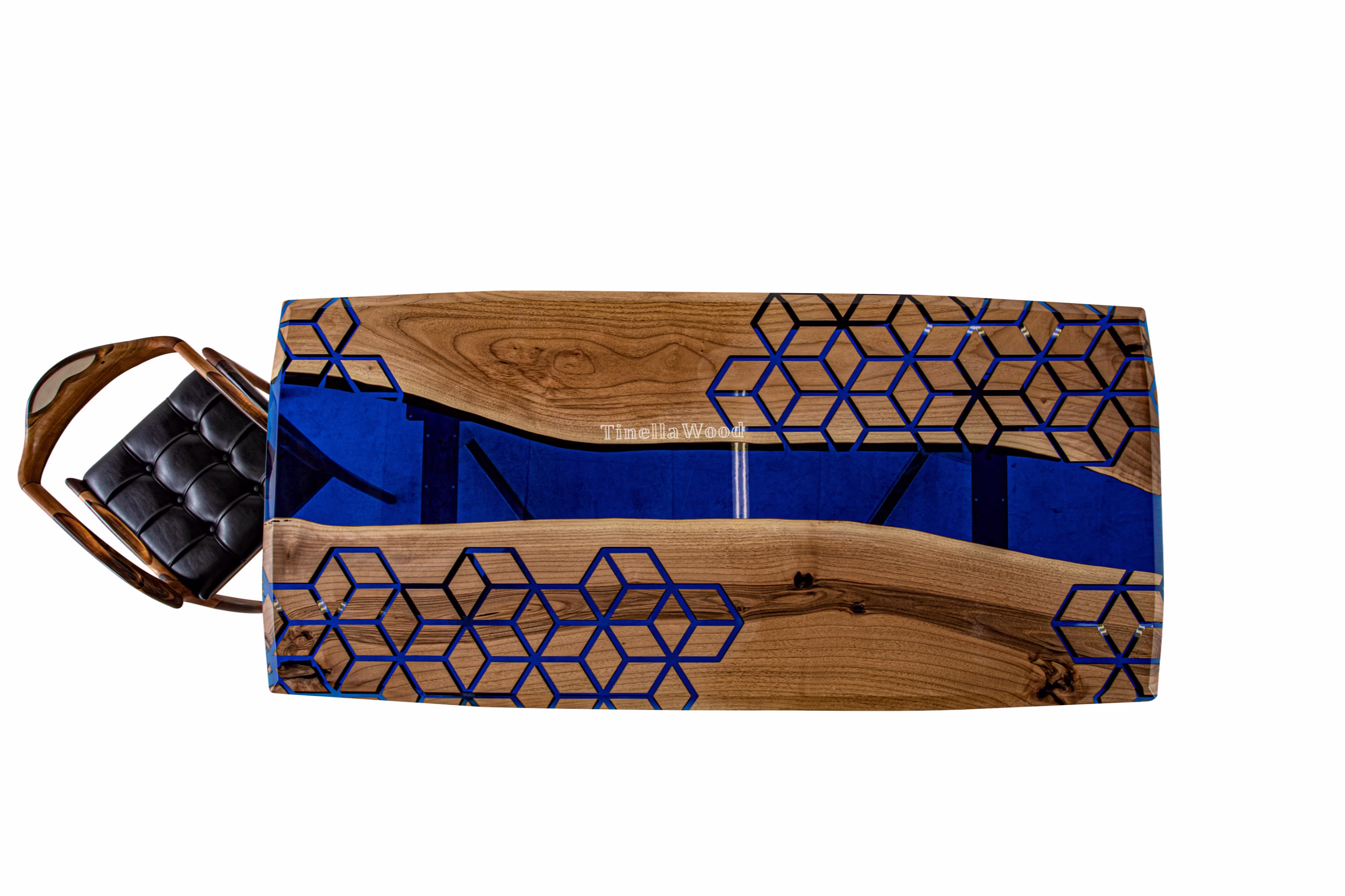 Epoxy Table, Hexagon Honeycomb Resin Cnc Live Edge Dining Walnut Custom Order Handmade Blue