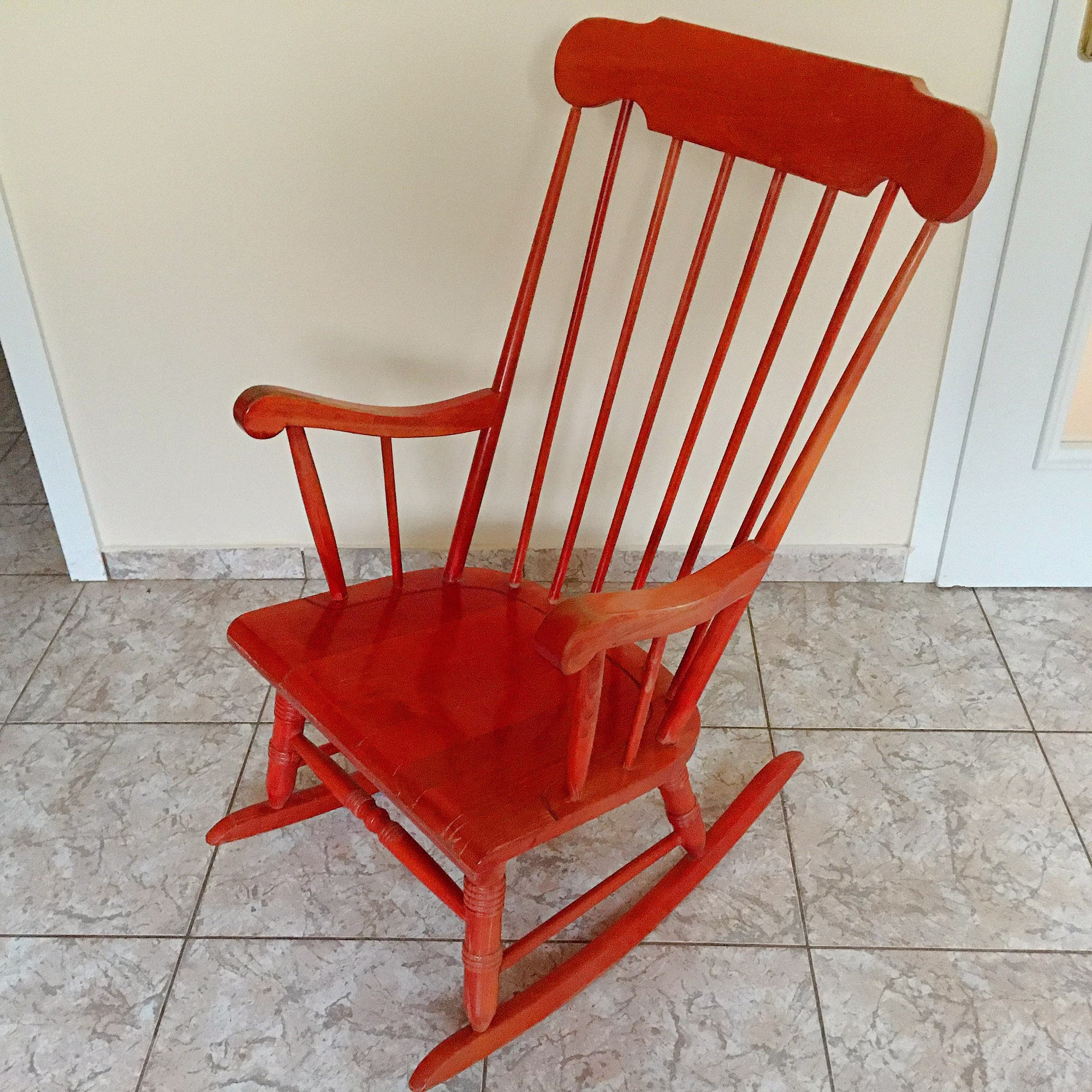 Vintage Rocking Chair Red Wood 60S Mid Century Retro Wooden Provence Style
