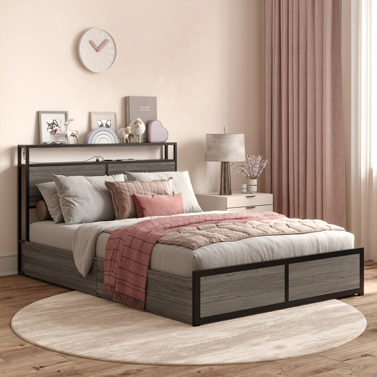 BELLEZE FULL/QUEEN SIZE Metal Bed Frame w/ 4 Drawers Under Bed, Brent - Brown Full Size