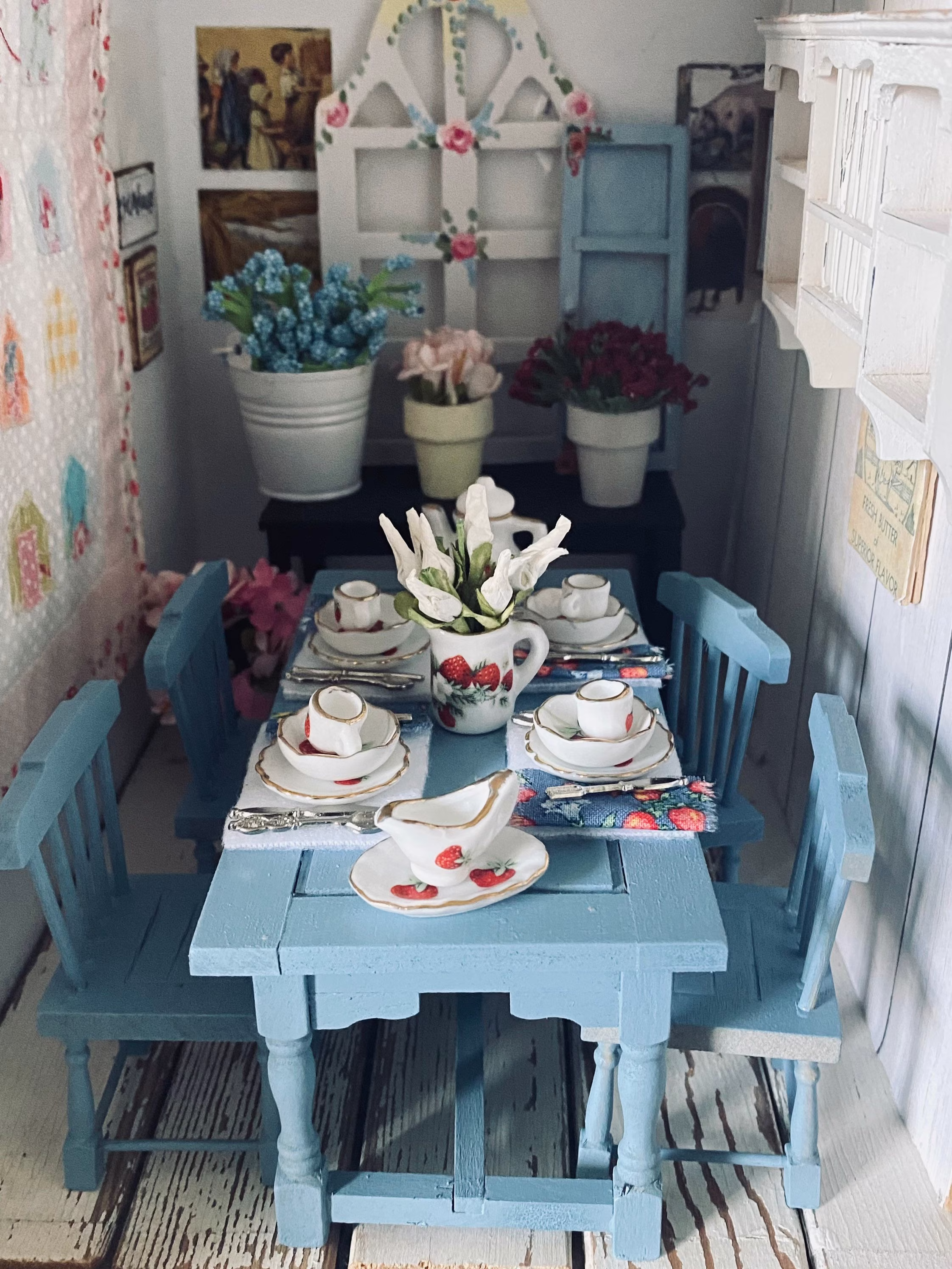 Miniature Table, Chairs, Hand Painted Blue Table Strawberry Dishes & Floral Centerpiece Dollhouse Scale