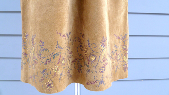 Tan Suede Leather Floral Printed Vintage Pencil Skirt/Light Brown Midi/Mid Knee Length Skirt/Vintage Skirt