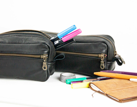 Pencil Case in Black Soft Leather, Makeup Bag Rectangular Accessory Purse Glasses Markers Zipper Pouch - The Brick