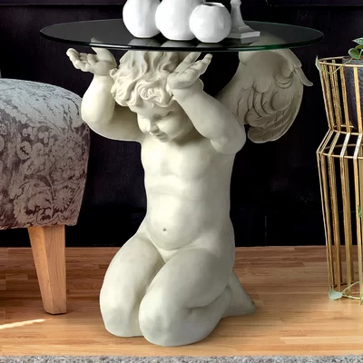 Cherubs Care Angelic Glass Topped End Table