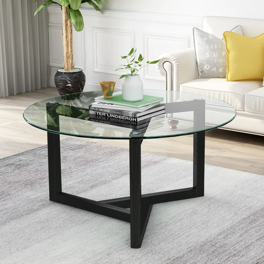 Round Glass Coffee Table Modern Cocktail Table Easy Assembly with Tempered Glass Top & Sturdy Wood Base