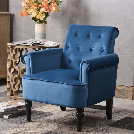 Button Tufted Club Chair with Roll Arm and Wooden Legs