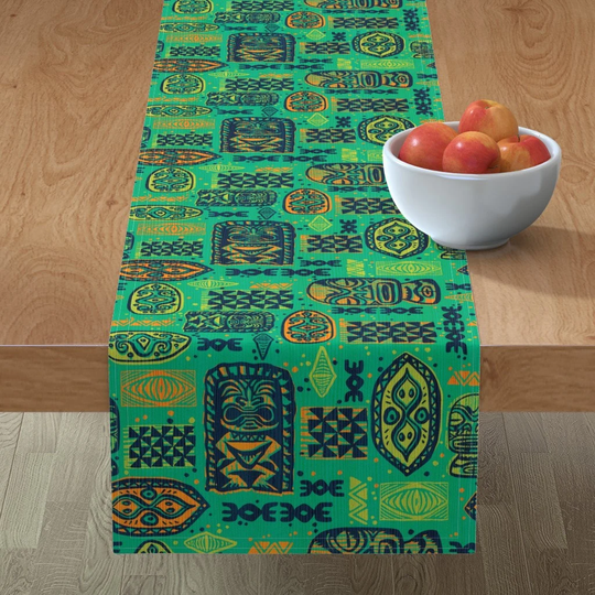 Vintage Style Tiki Table Runner - Old School By Woodyworld Midcentury Mod Green Blue Cotton Sateen Spoonflower