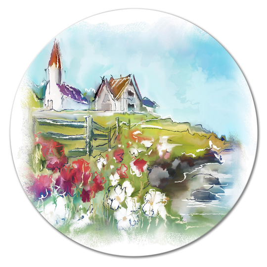 Designart 'White Buildings On Colorful Green Meadow' Country Metal Circle Wall Art