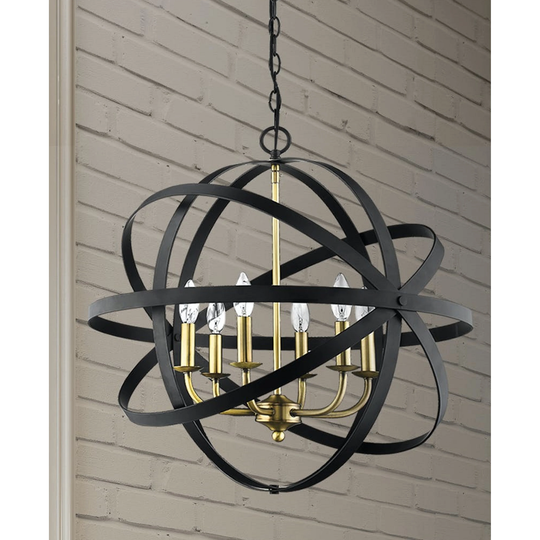 6 Light Geometric Orb Pendant in Black and Brass