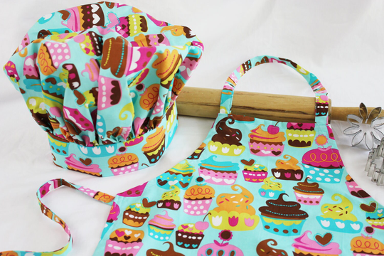 Sweet Cupcakes Child Apron & Adjustable Chef Hat - Teal Ready To Ship