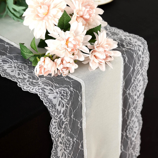 16"x108" Ivory Faux Burlap & Trim Lace Table Runner, Country, Barn, Shabby Chic Wedding Reception Farmhouse Runner