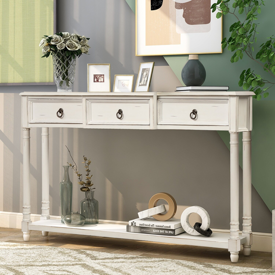 Console Sofa Table with Projecting Drawers & Long Shelf, Antique White