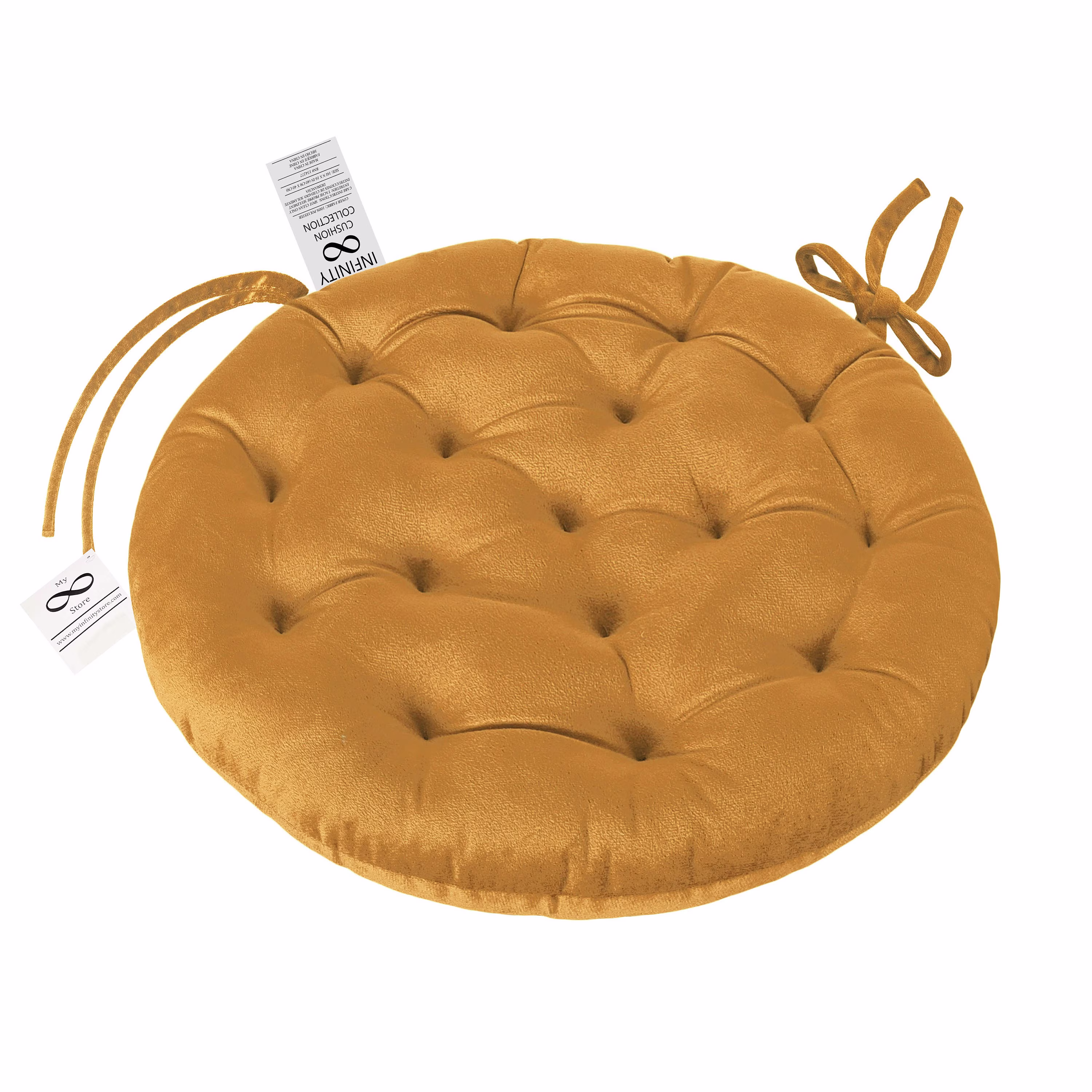 Infinity Collection Honey Gold 16 Inch Round Reversible Tufted Plush Chair Pad/Cushion with Tie Backs For Kitchen Bar Stool Dining Room