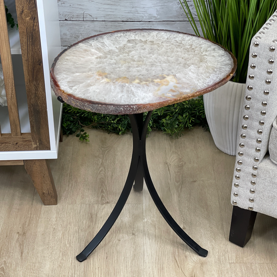 Natural Brazilian Agate Side Table, Single Slice On A Black Metal Base, 22" Tall #1306-0034 By Brazil Gems