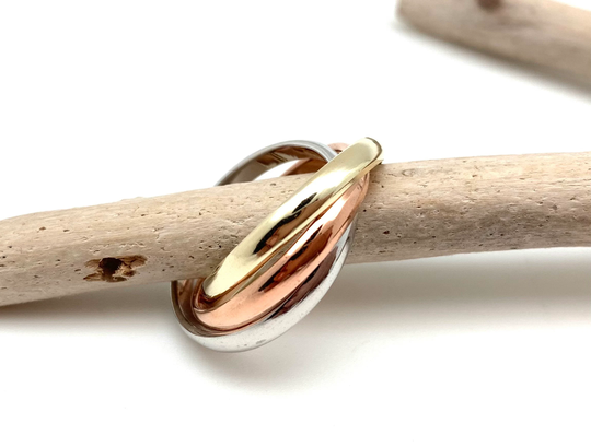 Silver Tri Color Rolling Ring 3mm 5-10/Gold Rose Inter Linked Mix Multi /925 Sterling