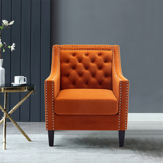 Accent Armchair Curved Edges Living Room Chair Velvet Fabric Thicken Padded Seat with Nailheads Finish and Solid Wood Legs
