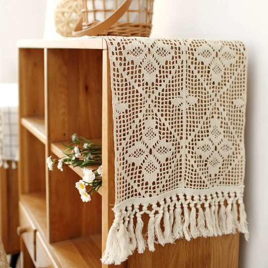 Natural Macrame Table Runner | Cotton Crochet With Tassels Rustic Decor Boho Lace For Wedding