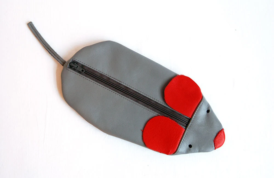 Cute Grey Leather Mouse Pencil Case Coin Wallet Pouch With Metal Zipper Red Ears & Nose