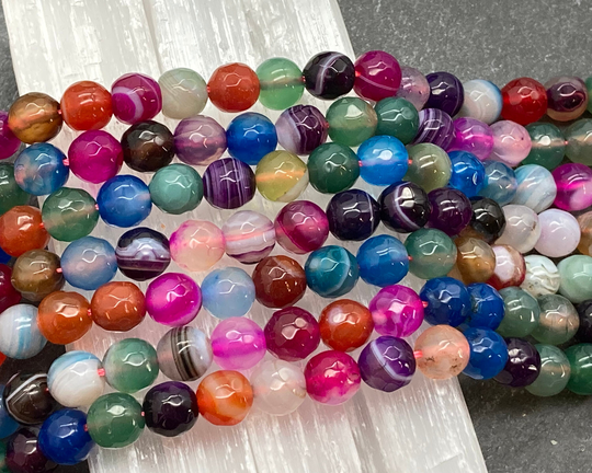 8mm Colorful Banded Agate, Multi Color, Faceted, Round, Agate Beads, Colorful, Rainbow Striped