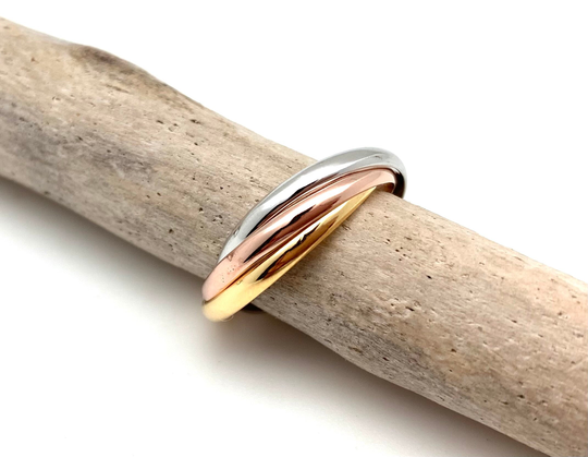 Silver Tri Color Rolling Ring 2mm 5-10/Gold Rose Inter Linked Mix Multi /925 Sterling