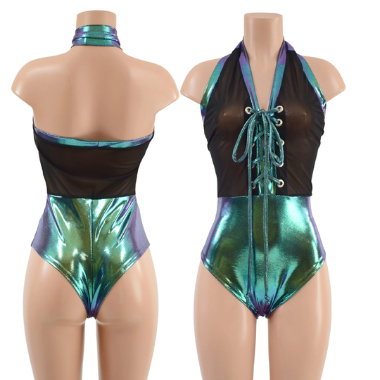 Black Mesh & Scarab Bella Style Romper With Laceup & Braziliian Cut Leg 1579163