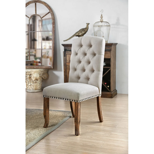 Ivory Fabric/ Rustic Oak Finish Wood Tufted Dining Chair (Set of 2)