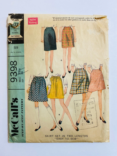 Mccall's 9398 Waist 25.5" Vintage 1960S Sewing Pattern 1968 60S Pencil A-Line Knee Length Mini Skirt
