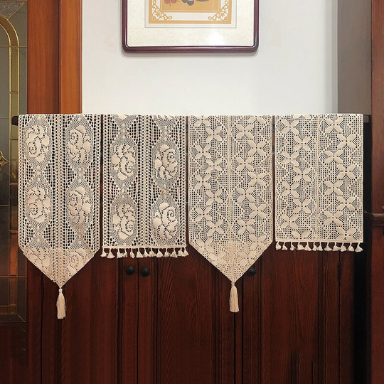 Crochet Lace Table Runner With Tassels | Rustic Home Dining Decor Farmhouse Style