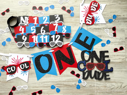 One Cool Dude Party Pack, High Chair Banner, Photo Clips, Cake Topper & Confetti, Fourth Of July Decorations