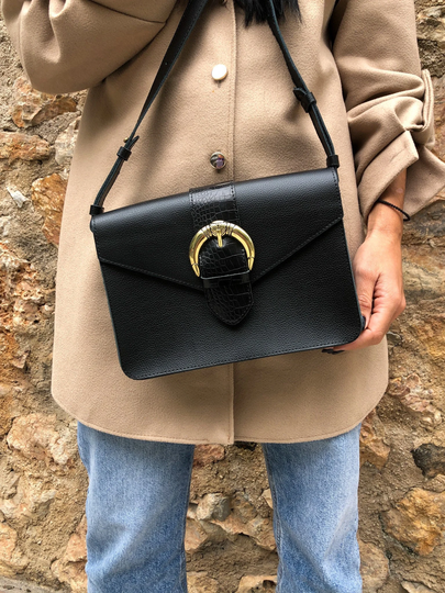 Black Leather Bag, Shoulder Purse, Crossbody Handbag Handmade Full Grain - Dark Night
