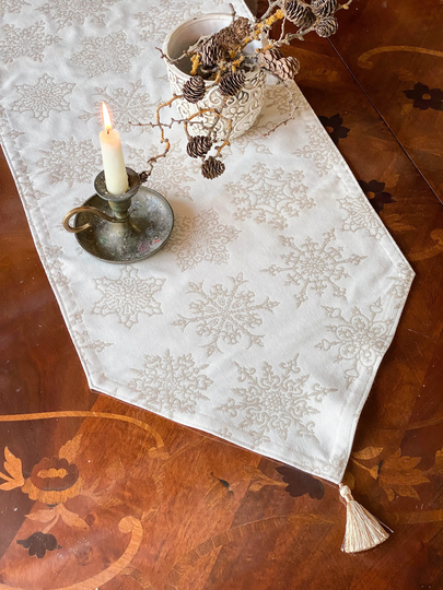 White Christmas Table Runner With Tan Snowflakes, Cotton Winter Table Runner, House Runner Tassels
