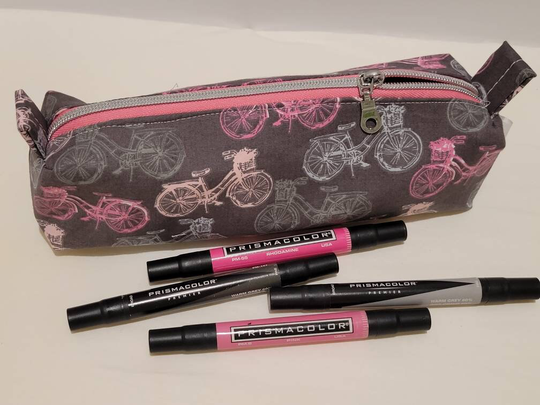 Boxy Pencil Case /Dopp Toiletry/Makeup Bag ~ Made With Pink & Grey Bicycles Fabric