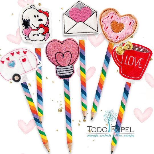 Pencil Topper Party Favors Fun. 6 Set Embroidered Felties For Pencils & Straws. Decor Gifts. Cute Valentines Small Gifts