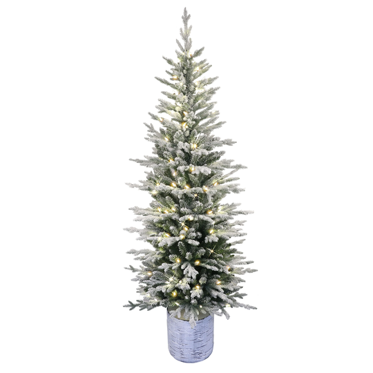 Puleo International 7.5' Pre-Lit Potted Flocked Arctic Fir Pencil Artificial Christmas Tree with 230 Warm White LED Lights - 7.5