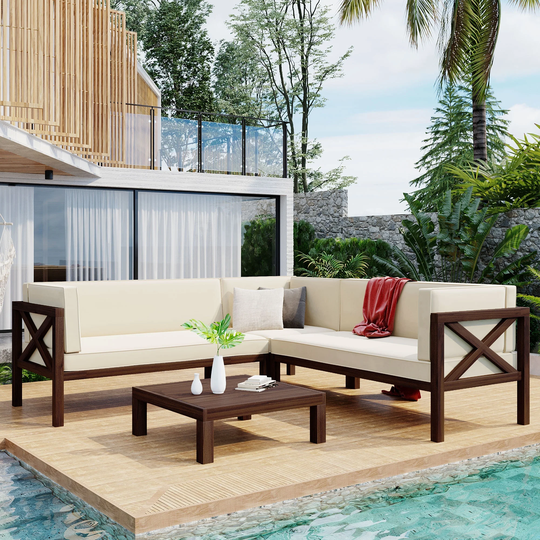 4-Piece Sectional Sofa Seating Group, Outdoor Patio Backyard Wood Frame Corner Sofa Design with Cushions and Table, X-Back Sofa