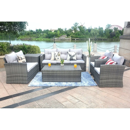 6PCS Patio Rattan Sofa Set with Storage Box
