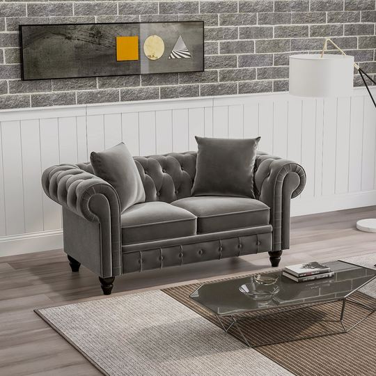 Loveseat Sofa Velvet Home Furniture Roll Arm Chesterfield Settee Pillows Included